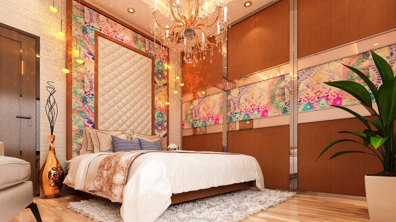 House of Hiranandani bedroom with patterned headboard wall