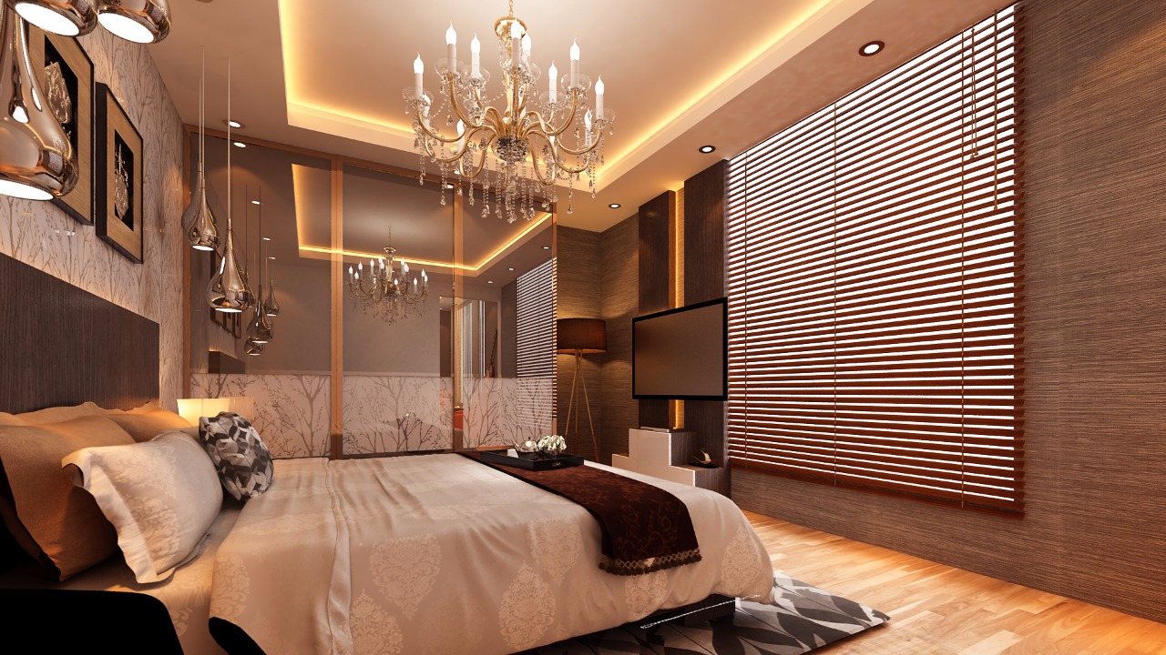 House of Hiranandani bedroom view with chandelier and blinds